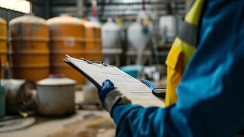 ai gegenereerd een werknemer is inspecteren de gevaarlijk stof gegevens vel in de chemisch opslagruimte zone Bij de fabricage plaats, nemen veiligheid maatregelen. foto