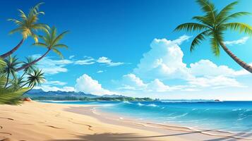 ai gegenereerd een strand met palm bomen en water. strand behang foto