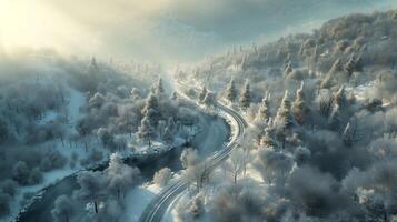 ai gegenereerd een sereen winter landschap ontvouwt zich met een kronkelend weg snijdend door een berijpt Woud, de bomen verhuld in sneeuw onder de zacht gloed van een vaag ochtend- zon. foto