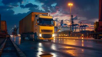 ai gegenereerd vrachtauto aanhangwagen Aan de pier in de lading haven terminal met kranen en containers. ai gegenereerd foto