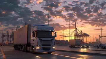 ai gegenereerd vrachtauto aanhangwagen Aan de pier in de lading haven terminal met kranen en containers. ai gegenereerd foto