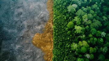 ai gegenereerd een antenne beeld illustreren de dramatisch contrast tussen een ontbost Oppervlakte met boom stronken en de aangrenzend weelderig, intact regenwoud. foto