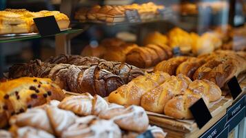 ai gegenereerd geassorteerd vers gebakken brood in bakkerij Scherm hoog kwaliteit beeld foto