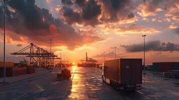 ai gegenereerd vrachtauto aanhangwagen Aan de pier in de lading haven terminal met kranen en containers. ai gegenereerd foto