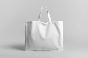 ai gegenereerd boodschappen doen wit blanco tote zak mockup in gemakkelijk wit achtergrond. reclame concept voor uw ontwerp en Promotie. foto