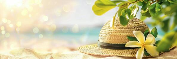 ai gegenereerd banier zonovergoten zomer strand instelling met een rietje hoed en tropisch bloemen, ideaal voor ontspannen vakantie en reizen afzet foto