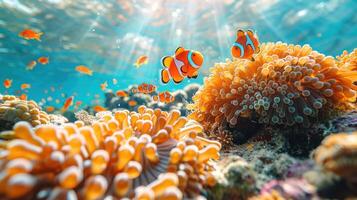 ai gegenereerd kleurrijk clown vis temidden van levendig zee anemonen onder de oceaan. generatief ai foto