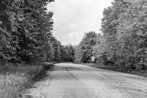 mooi leeg asfalt weg in platteland Aan donker achtergrond foto