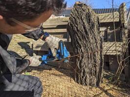 Mens in beschermend handschoenen werken met een zag in de tuin, dichtbij omhoog foto