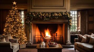 ai gegenereerd Kerstmis Bij de landhuis, Engels platteland decoratie en interieur decor foto