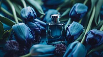 ai gegenereerd parfum fles in bloemen, geur Aan bloeiend achtergrond, bloemen geur en kunstmatig Product foto