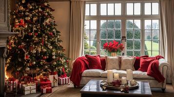 ai gegenereerd Kerstmis Bij de landhuis, Engels platteland decoratie en interieur decor foto