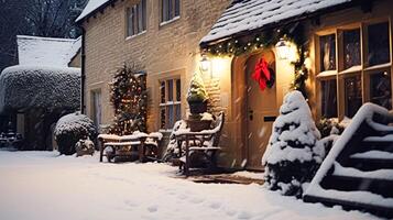 ai gegenereerd Kerstmis in de platteland, huisje en tuin versierd voor vakantie Aan een besneeuwd winter avond met sneeuw en vakantie lichten, Engels land styling foto