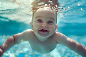 ai gegenereerd een schattig baby drijft onderwater, omringd door de teder omhelzing van de water. generatief ai. foto