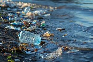 ai gegenereerd plastic verspilling Aan de kust foto