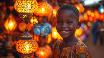 ai gegenereerd ai generatief foto van een gelukkig moslim jongen met Ramadan lantaarns in straten