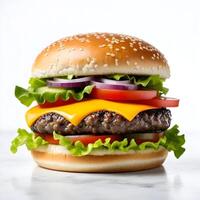 ai gegenereerd smakelijk hamburger geïsoleerd Aan wit achtergrond vers Hamburger Fast food met rundvlees en kaas foto