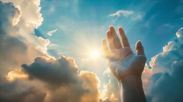 ai gegenereerd man's hand- bereiken omhoog Aan blauw lucht met wit wolken achtergrond foto