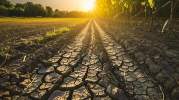 ai gegenereerd droog bodem in de veld- Bij zonsondergang tijd, globaal opwarming concept foto