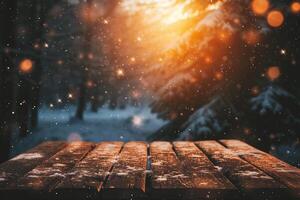 ai gegenereerd houten tafel top mockup met magisch winter Woud achtergrond foto