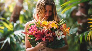 ai gegenereerd portret van mooi jong vrouw Holding boeket van bloemen in tropisch tuin foto