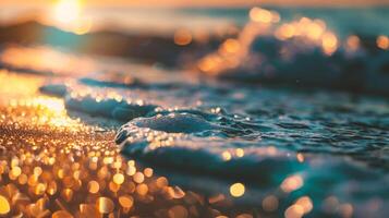 ai gegenereerd mooi zonsondergang Aan de zee met bokeh en zon stralen foto