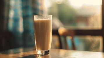 ai gegenereerd glas van melk Aan houten tafel in koffie winkel, wijnoogst kleur toon foto