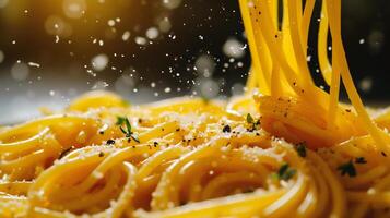 ai gegenereerd spaghetti met Parmezaanse kaas kaas en kruiden Aan een zwart achtergrond foto