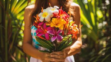 ai gegenereerd portret van mooi jong vrouw Holding boeket van bloemen in tropisch tuin foto