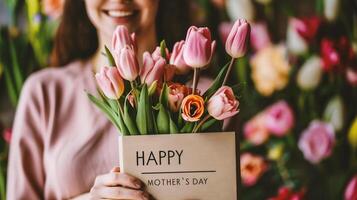 ai gegenereerd vrouw handen houden een geschenk doos met een boeket van roze tulpen. moeder dag. foto