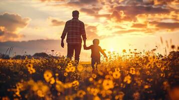 ai gegenereerd vader en zoon wandelen Aan bloem veld- Bij zonsondergang. concept van vriendelijk familie. foto