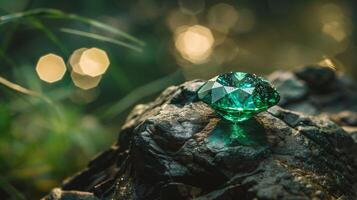 ai gegenereerd diamant Aan groen achtergrond met bokeh foto