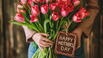 ai gegenereerd gelukkig moeder dag kaart met een boeket van roze tulpen foto