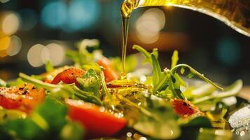 ai gegenereerd detailopname van gieten olijf- olie van fles in bord met salade foto