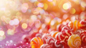 ai gegenereerd kleurrijk snoepjes Aan bokeh achtergrond, detailopname foto