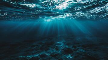 ai gegenereerd onderwater- visie van de zee oppervlakte met zonnestralen en stralen foto