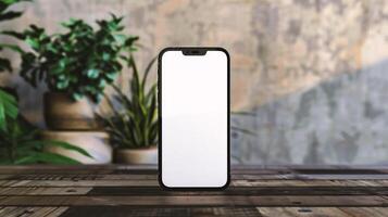 ai gegenereerd mockup smartphone met blanco scherm Aan houten tafel foto