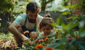 ai gegenereerd vader en dochter aanplant bloemen in de tuin. familie tuinieren concept. foto