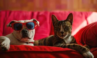 ai gegenereerd kat en hond met zonnebril aan het liegen Aan sofa in leven kamer Bij huis foto