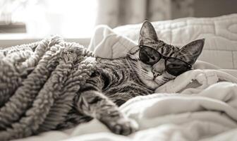 ai gegenereerd schattig gestreept kat in zonnebril slapen Aan de bed. zwart en wit. foto