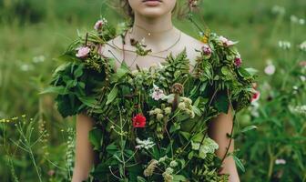ai gegenereerd mooi jong vrouw in een krans van wilde bloemen in de veld- foto