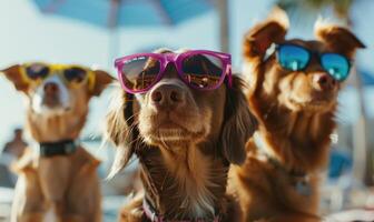 ai gegenereerd schattig honden in zonnebril Aan strand. honden in zonnebril. reizen en toerisme foto