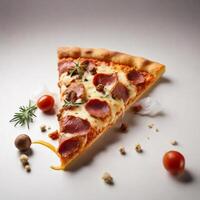 ai gegenereerd een plak van krokant pizza realistisch met vlees en kaas wit achtergrond foto
