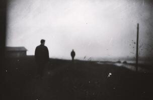 ai gegenereerd wazig silhouet van een Mens staand Bij de strand in de regen foto