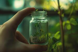 ai gegenereerd hand- Holding een glas pot met groen spruiten groeit uit van het en tekst mooi zo geluk foto