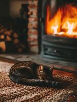 ai gegenereerd schattig gestreept kat aan het liegen in voorkant van de haard Bij huis foto