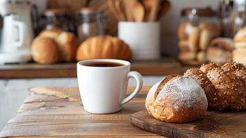 ai gegenereerd een kop van koffie en bakkerij brood Aan een tafel. generatief ai foto