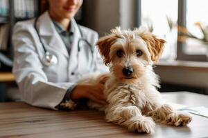 ai gegenereerd dierenarts dokter Holding hond in veterinair kliniek, generatief ai. foto