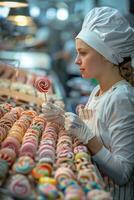 ai gegenereerd vrouw banketbakker werken in supermarkt . ai gegenereerd foto