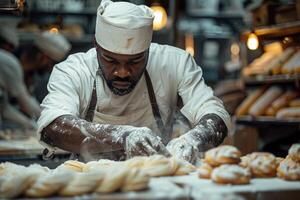 ai gegenereerd mannetje bakker werken in bakkerij. ai gegenereerd foto